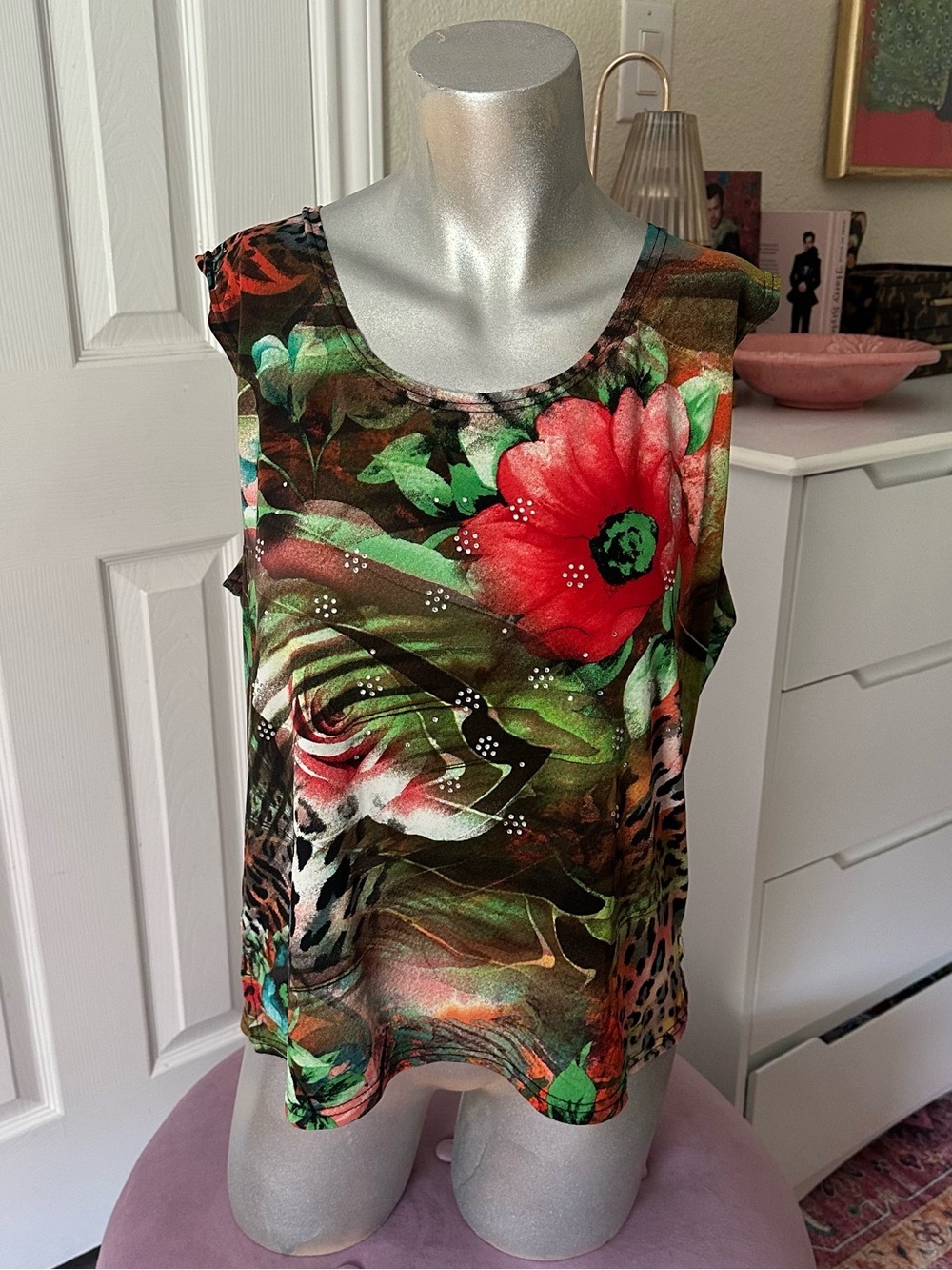 Y2K Modelia Green & Red Animal Print  Rhinestone Embellished Top